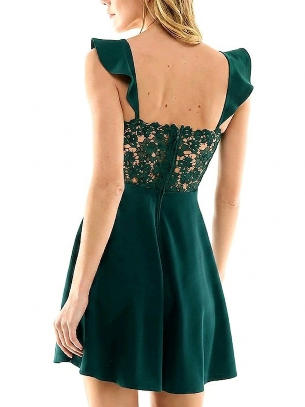 City Studio Deep Hunter Green Flared Sweetheart Lace Back Mini Dress Size 1 NWT - Picture 2 of 5
